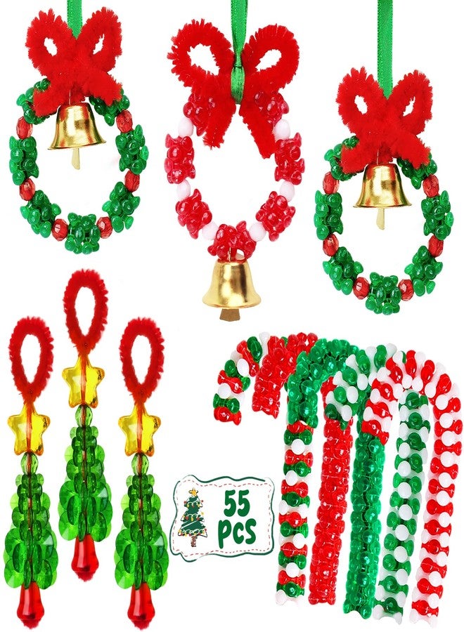 AWHETIE Christmas Crafts for Adults Kids,55 Sets Christmas Beaded Ornament Kit,Including 20 Pcs Wreath with Bell/5 Pcs Tree/30 Pcs Candy Cane,Holiday Tree Decorations Party Supplies - Image 1